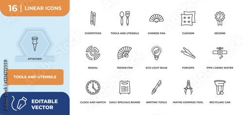 outline icons set - tools and utensils concept. attached, chopsticks and more.