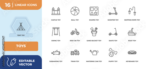 outline icons set - toys concept. tent toy, castle toy and more.