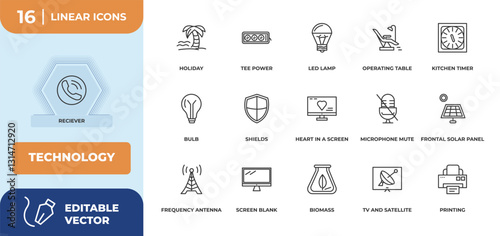 outline icons set - technology concept. reciever, holiday and more.