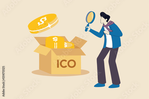 ICO, Initial Coin Offering process to create new crypto currency token to trade in market concept, businessman investor or coin creator picking new cryptocurrency coin and look into details.