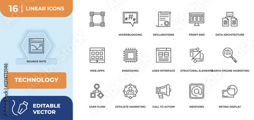 outline icons set - technology concept. bounce rate, and more.