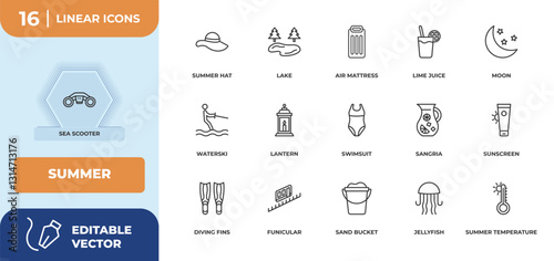 outline icons set - summer concept. sea scooter, summer hat and more.