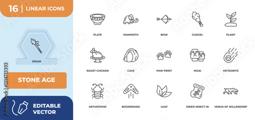 outline icons set - stone age concept. spear, plate and more.