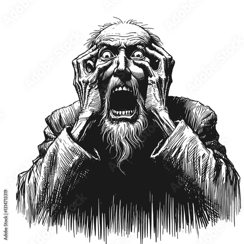 old man fear black and white line art drawing ink sketch nature landscape vector hand drawn illustration background, the unseen storm: fear etched in wrinkles