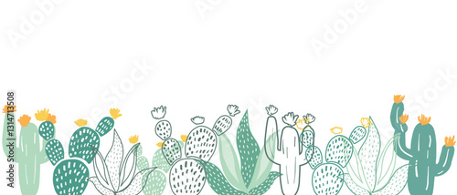 Beautiful different types and colors of vector prickly cactus banner design template on white background. Dessert and hot weather tropical plants design. Cute cactus. Succulents and cacti flower.
