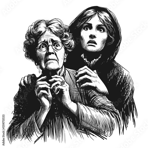 old women fear black and white line art drawing ink sketch nature landscape vector hand drawn illustration background, shadows of the past: an elderly woman's fearful moment