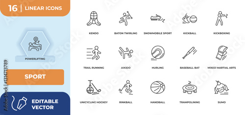 outline icons set - sport concept. powerlifting, kendo and more.