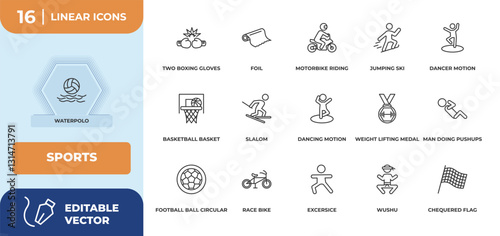 outline icons set - sports concept. waterpolo, two boxing gloves and more.