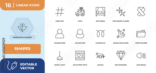 outline icons set - shapes concept. windshield washer, hash key and more.