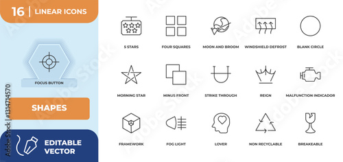 outline icons set - shapes concept. focus button, 5 stars and more.