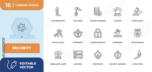 outline icons set - security concept. e, leg protector and more.