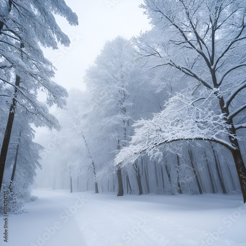 The heavy snowfall in a wild park, winter fairy tale in the forest, snow-covered tree branches, large flakes of snow are slowly falling, nobody, snow storm, blizzard