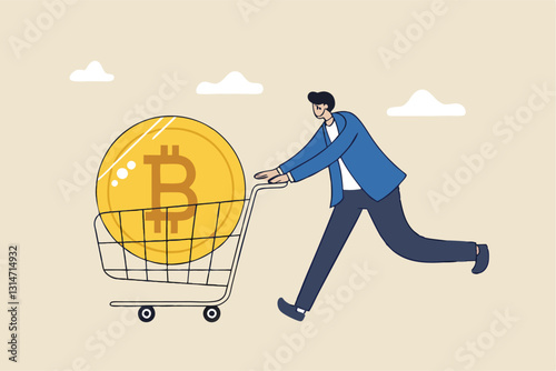 Buying Bitcoin on sale when cryptocurrency price crash to make profit concept, smart man buying or purchasing crypto currency Bitcoin in shopping cart trolley to speculate earning in the future.