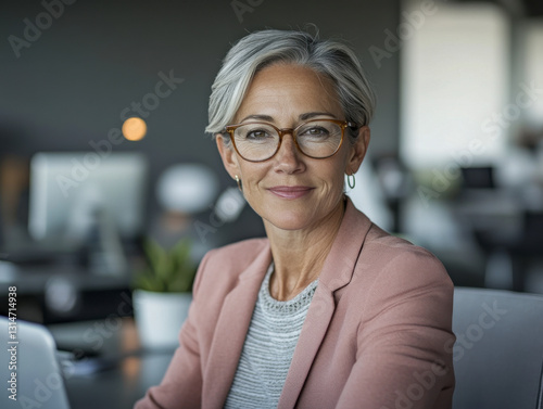 Senior woman in a pink blazer, working on a laptop in a professional office environment. photo