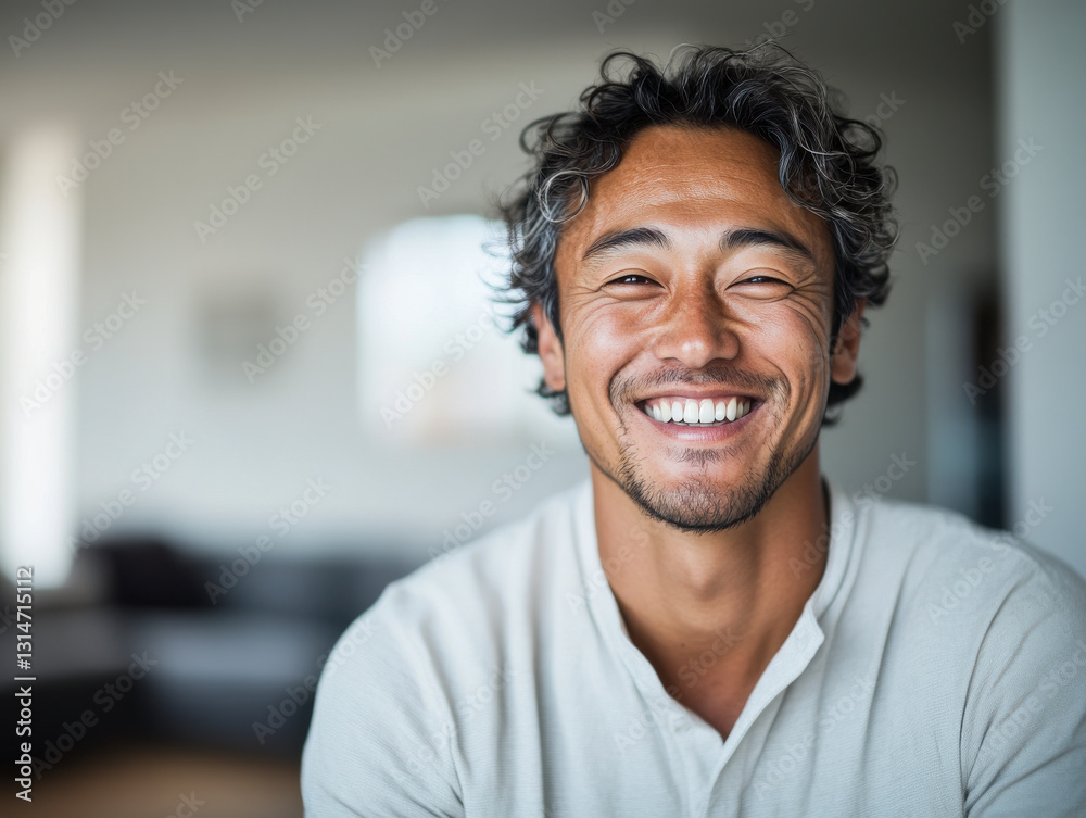 Obraz premium Cheerful middle-aged man with a bright smile, casual and relaxed portrait.