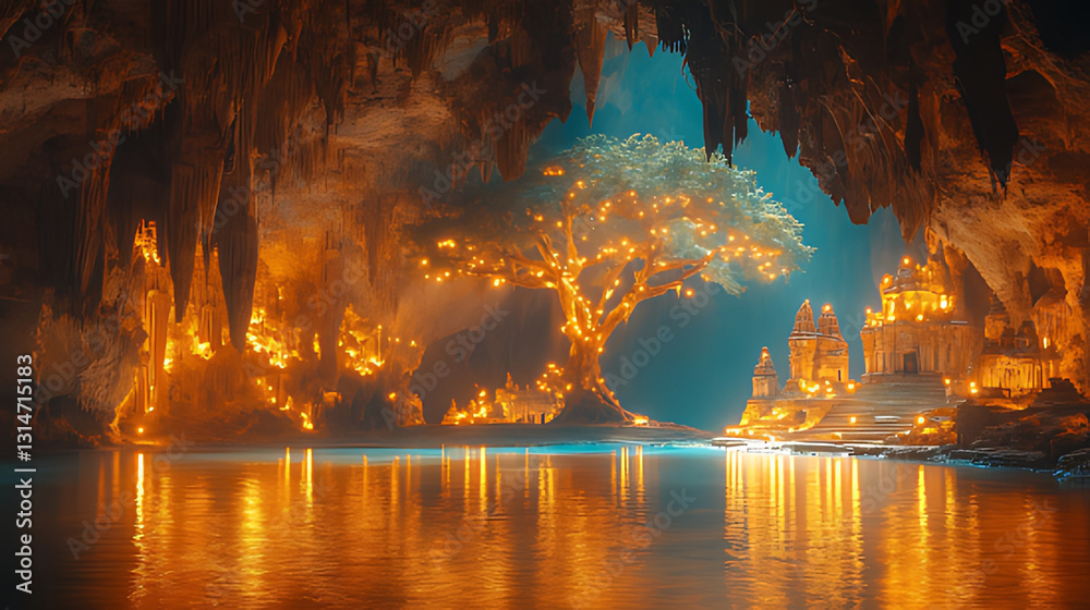 Obraz premium Illuminated Cave Temple Lake, Thailand, Night