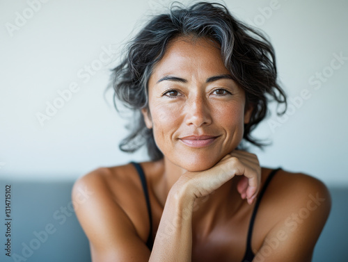 Smiling middle-aged woman in a relaxed pose, natural beauty and confidence. photo