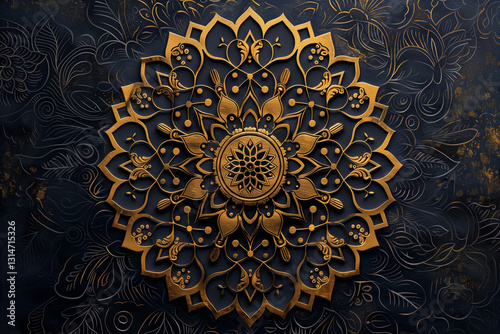 Elegant golden mandala on deep black background, featuring intricate floral patterns and royal symmetry.
