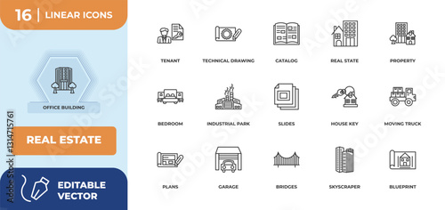 outline icons set - real estate concept. office building, tenant and more.