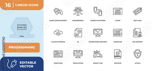 outline icons set - programming concept. html, game development and more.