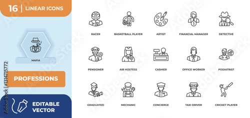 outline icons set - professions concept. mafia, racer and more.