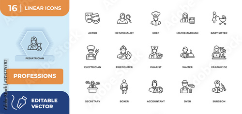outline icons set - professions concept. pediatrician, actor and more.