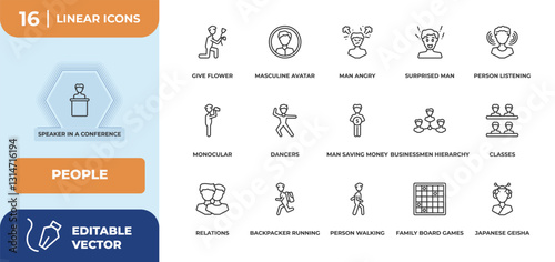 outline icons set - people concept. speaker in a conference, give flower and more.