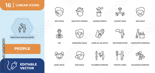 outline icons set - people concept. man child and balloons, sick smile and more.