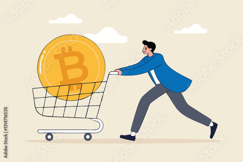 Buying Bitcoin on sale when cryptocurrency price crash to make profit concept, smart man buying or purchasing crypto currency Bitcoin in shopping cart trolley to speculate earning in the future.