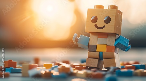 Cheerful toy character playing with colorful blocks outdoor setting photography sunny atmosphere close-up view creative concept