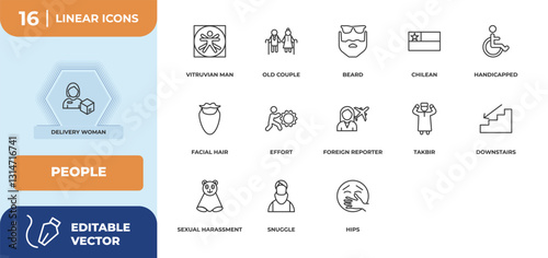 outline icons set - people concept. delivery woman, vitruvian man and more.