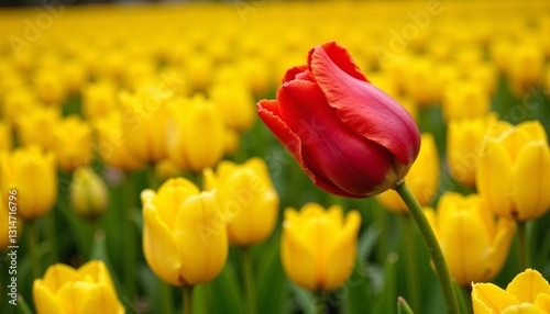 Red tulip standing out among yellow tulips in a vibrant field