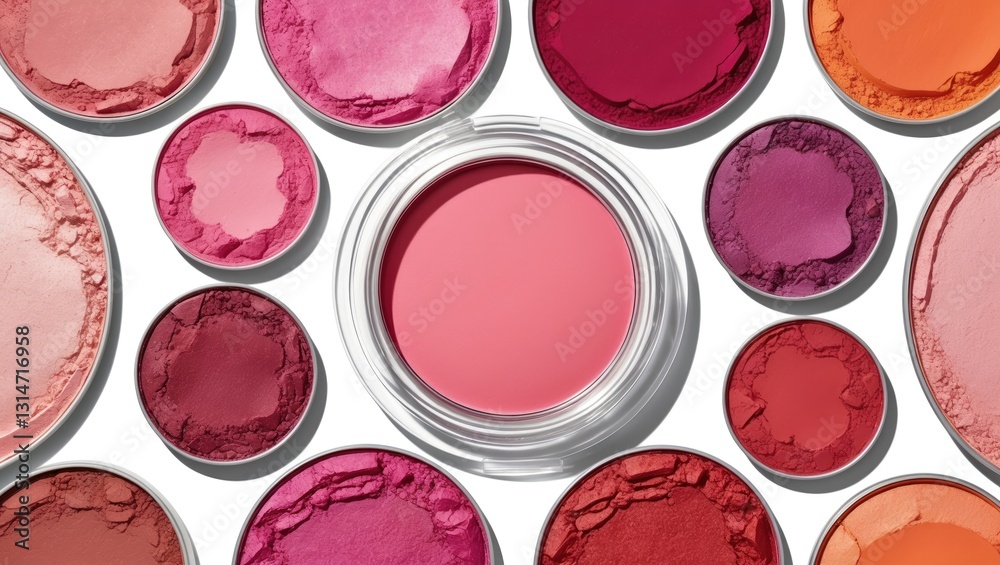 Round pink crushed blusher and eyeshadow for makeup shown as a sample of cosmetic product isolated on a full background. Round pink crushed blusher and eyeshadow for makeup shown as a sample of cosmetic product isolated on a full background.