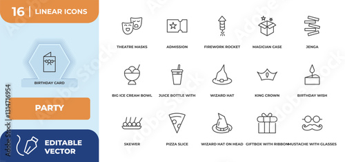 outline icons set - party concept. birthday card, theatre masks and more.