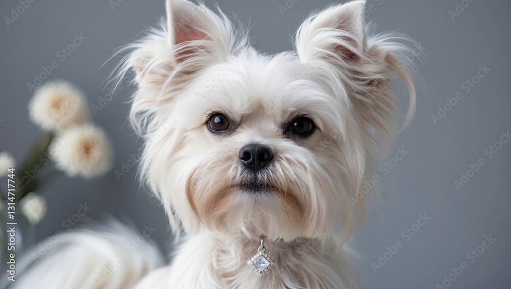 Portrait of a small, fluffy white dog with perked ears and a shiny collar, against a soft gray background Portrait of a small, fluffy white dog with perked ears and a shiny collar, against a soft gray background