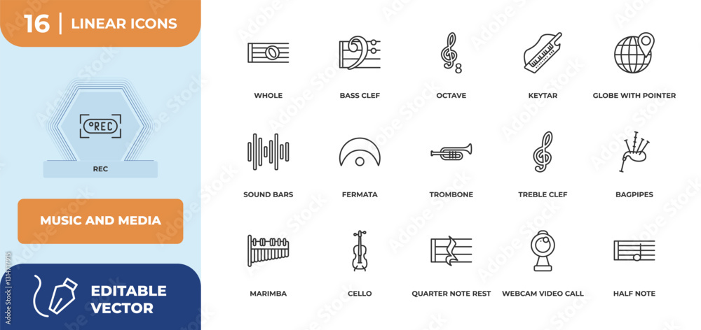 Naklejka premium outline icons set - music and media concept. rec, whole and more.