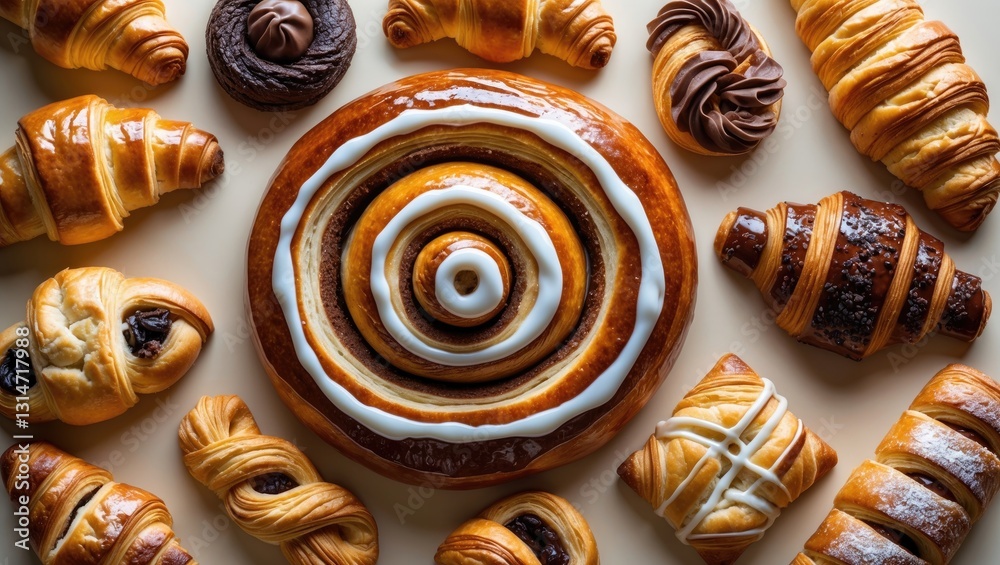 Fototapeta premium assorted freshly baked pastries, overhead view