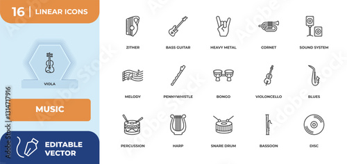 outline icons set - music concept. viola, zither and more.