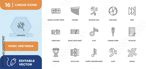 outline icons set - music and media concept. diapason, music player tings and more.