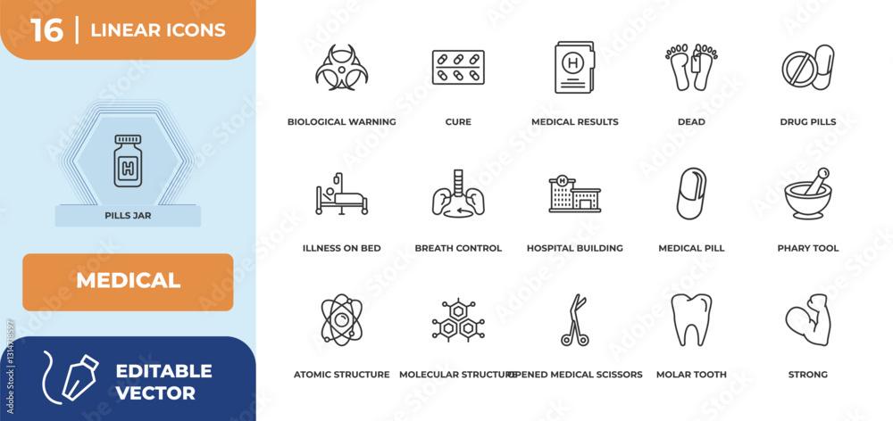 Naklejka premium outline icons set - medical concept. pills jar, biological warning and more.