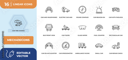outline icons set - mechanicons concept. car tire change, car and headphones and more.