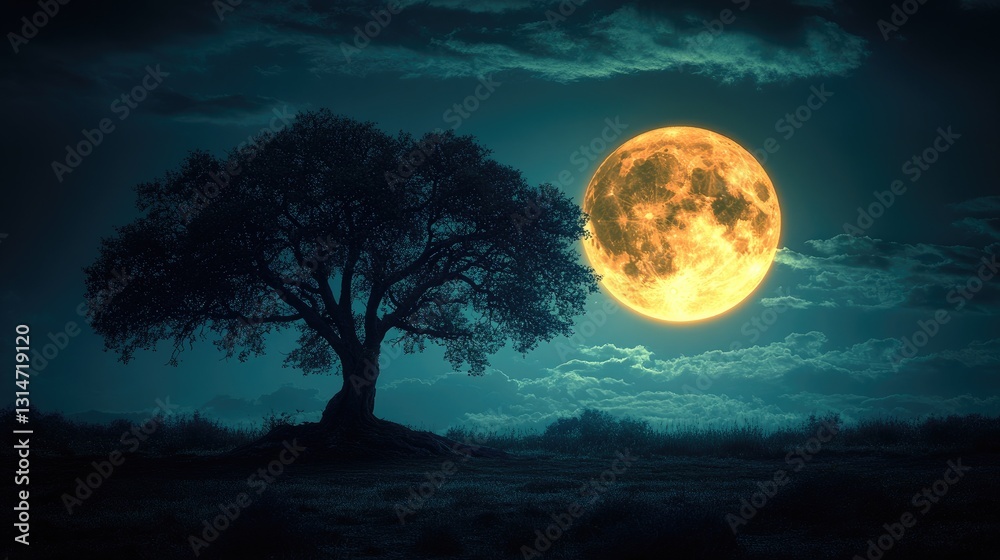 Fototapeta premium A large, bright full moon dominates the sky against a backdrop of dark, swirling clouds.