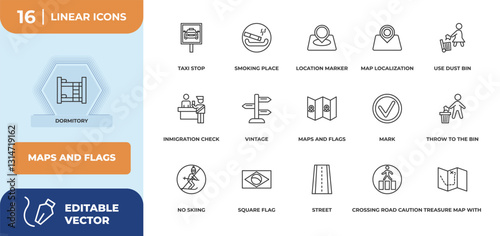 outline icons set - maps and flags concept. dormitory, taxi stop and more.