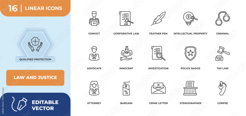 Naklejka premium outline icons set - law and justice concept. qualified protection, convict and more.