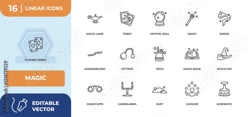 outline icons set - magic concept. playing cards, magic lamp and more.
