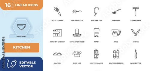 outline icons set - kitchen concept. soup bowl, pizza cutter and more.