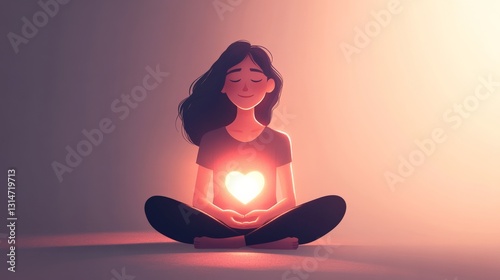 Young woman meditating with glowing heart symbolizing love and self-care