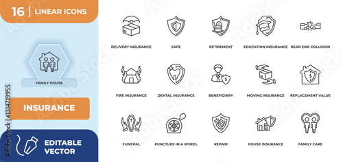 outline icons set - insurance concept. family house, delivery insurance and more.