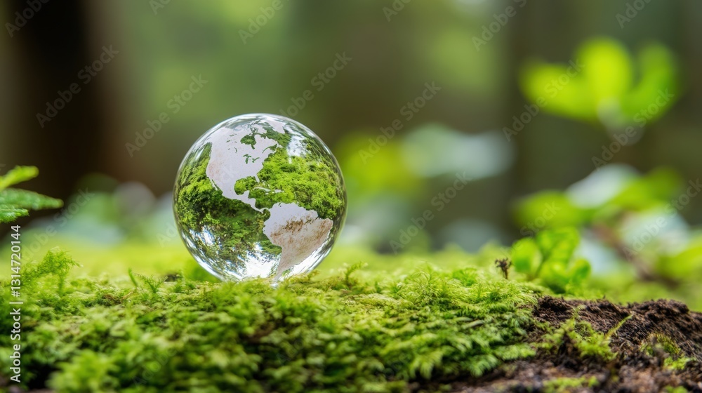 Crystal globe glass on green moss in forest to protect nature Save and care World for sustainable. concept of the environment ecology and Earth Day. eco environment and ESG concept. Crystal globe glass on green moss in forest to protect nature Save and care World for sustainable. concept of the environment ecology and Earth Day. eco environment and ESG concept.