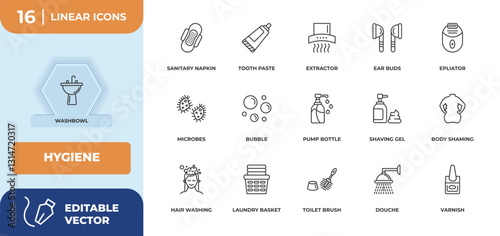 outline icons set - hygiene concept. washbowl, sanitary napkin and more.